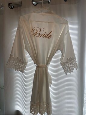 Bride Satin Robe with Lace Trim - Ivory
